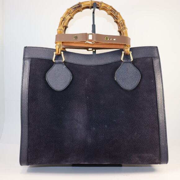 Vintage Gucci Diana Bamboo Handle Tote Bag Navy Suede w/ Custom Handle Shapers - Picture 2 of 11